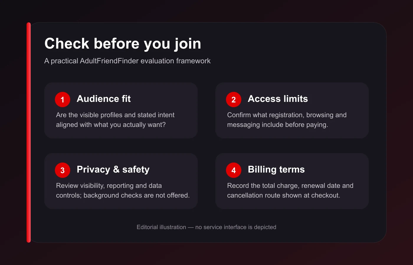 Four checks before joining AdultFriendFinder: audience, access, privacy, and billing