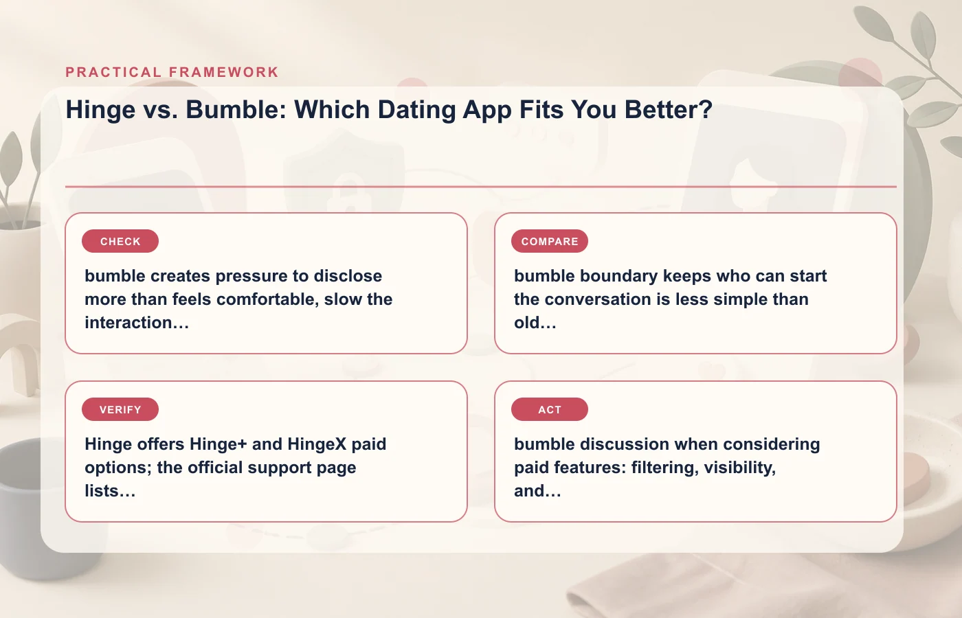 Hinge vs. Bumble: Which Dating App Fits You Better?: practical framework for bumble creates pressure to disclose more than feels comfortable, slow the interaction, use…